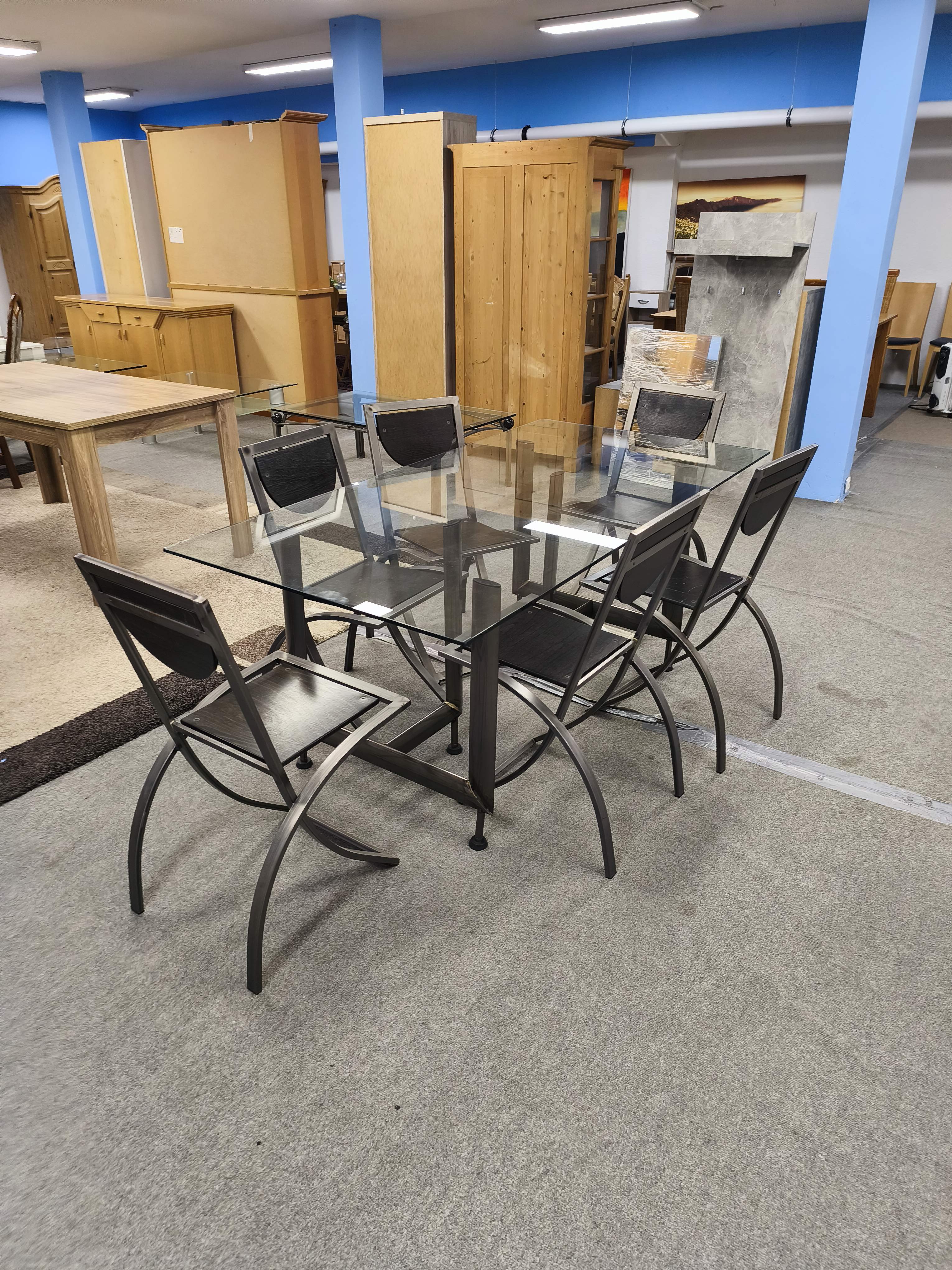 Glas,-Metall Esstisch inkl. 6 Stühle